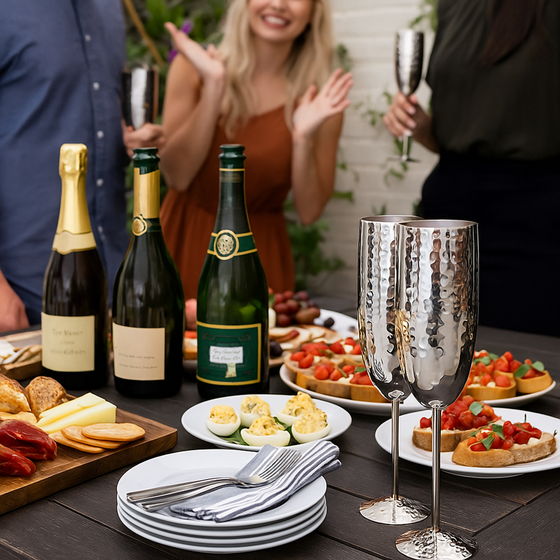 Shatterproof Champagne Flutes Set of 4 Hammered Stainless Steel | BREKX