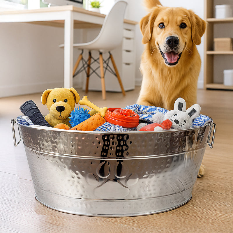 Dog Toy Bin Indestructible - Embossed Paw Print - Stainless Steel Large | BREKX