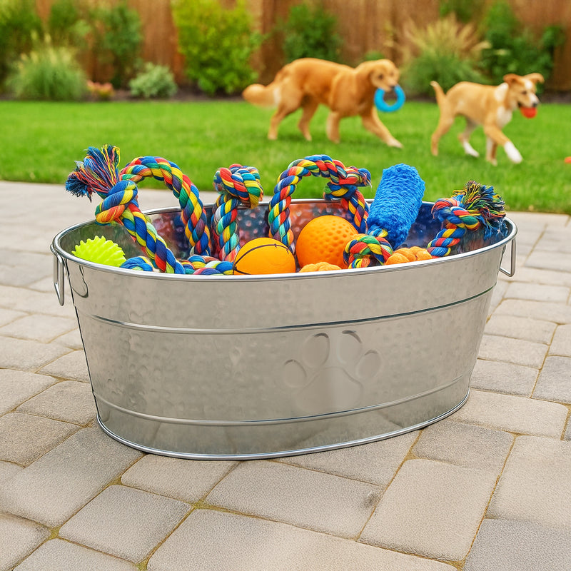 Dog Toy Bin Indestructible - Embossed Paw Print - Stainless Steel Large | BREKX