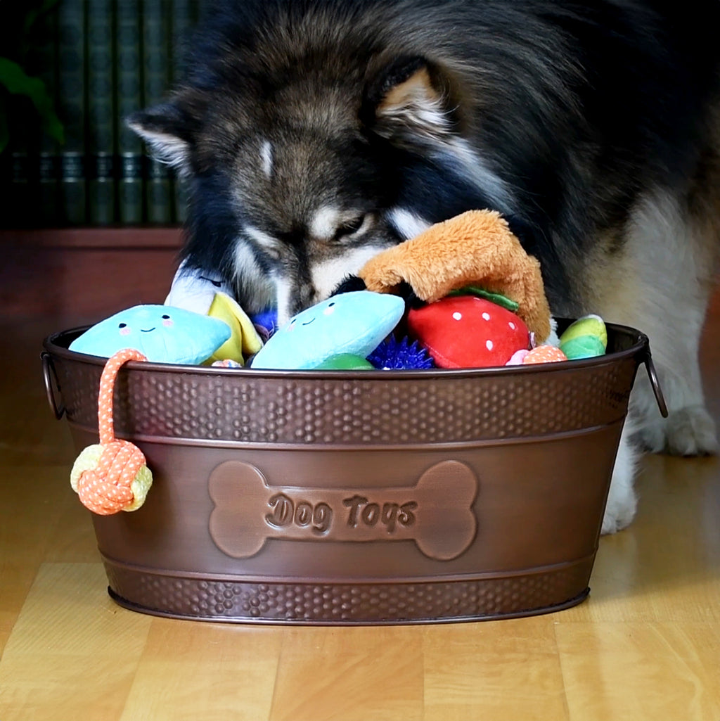 Dog Toy Bin Indestructible - Embossed "Dog Toys" Bone - Copper Oval Medium | BREKX