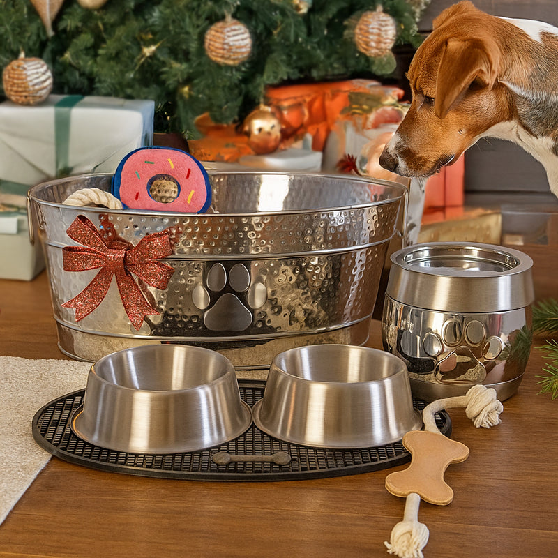 Ultimate Pet Parent Gift Set - Premium Air Tight Treat Canister + Dog Bowls with No Slip Mat + Set of 3 Dog Toys + Large Steel Dog Toy Bin | BREKX