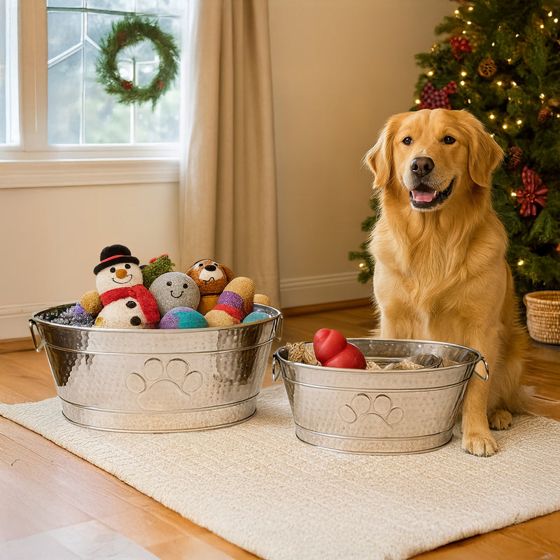 The Pawprint Luxe Duo - Large Steel Pawprint Dog Toy Bin + Medium Steel Pawprint Dog Toy Bin