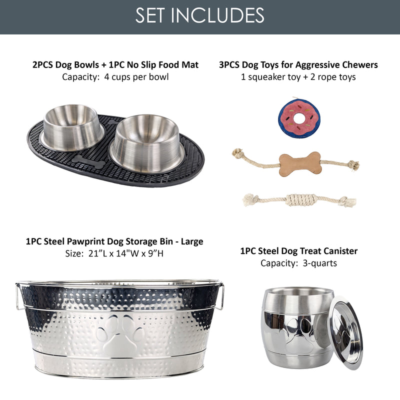 Ultimate Pet Parent Gift Set - Premium Air Tight Treat Canister + Dog Bowls with No Slip Mat + Set of 3 Dog Toys + Large Steel Dog Toy Bin | BREKX
