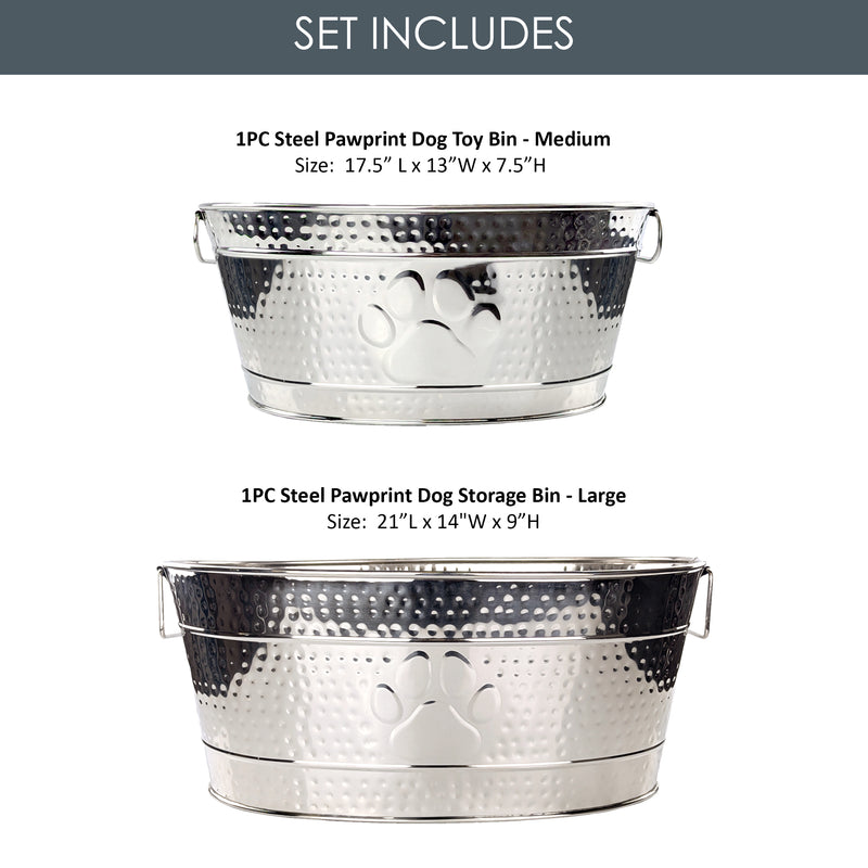 The Pawprint Luxe Duo - Large Steel Pawprint Dog Toy Bin + Medium Steel Pawprint Dog Toy Bin