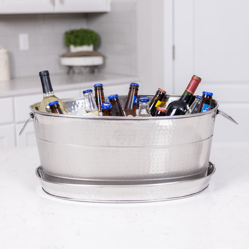 Drink tub with serving tray set for kitchen, home bar, or patio.  No water damage with this tray catching spills, splashes and party tub condensation.