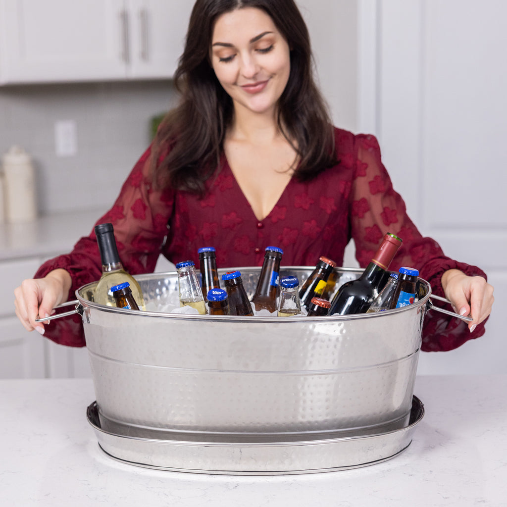 Large beverage tub with tray set made of stainless steel metal with hammered exterior.  Eliminate water damage and messes for your next wedding, anniversary, birthday, or holiday party.  