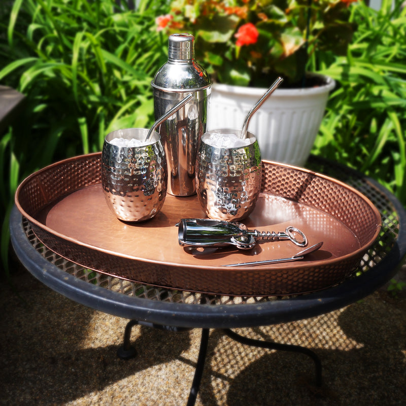 Serving tray metal with antique copper finish.  Use indoors or outdoors on the patio for barware essentials, or to serve food and drinks.