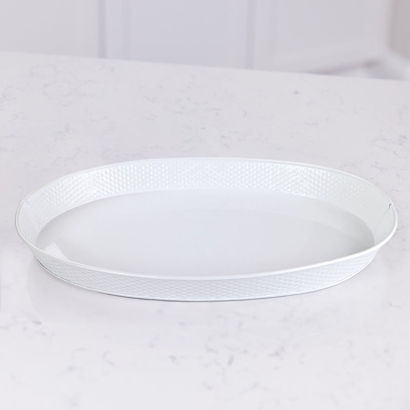 Metal tray in white for drinks or food at parties celebrating a wedding, anniversary, or birthday with friends and family.