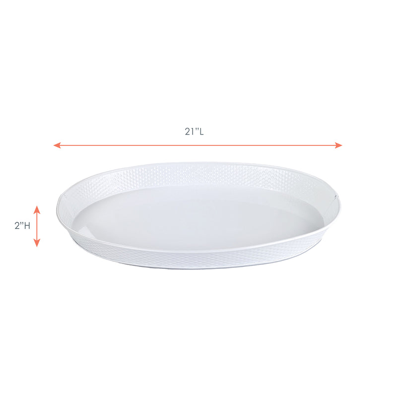 Oval white metal tray for kitchen or parties to serve food or drinks when celebrating with friends and family.