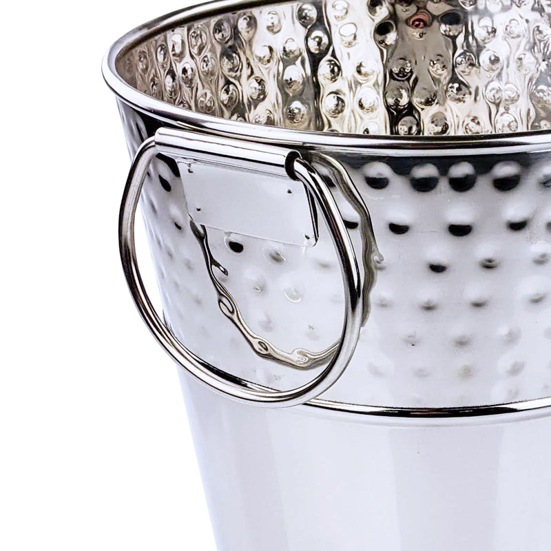 Champagne bucket with strong side handles for easy carrying to and from the kitchen, bar, or patio.  Fits a bottle of champagne and couples with an oyster tray to serve champagne and oyster pairing.