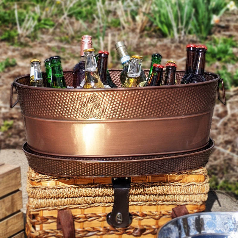 Metal tray for party tub.  Made of galvanized metal with antique copper finish.  Catches party tub splashes, spills, and party tub condensation.