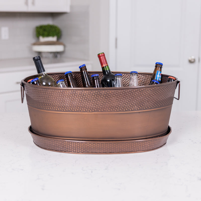 Beverage tub with serving tray in antique copper finish made of galvanized metal. No bucket condensation mess with this party tub combined with the metal tray.