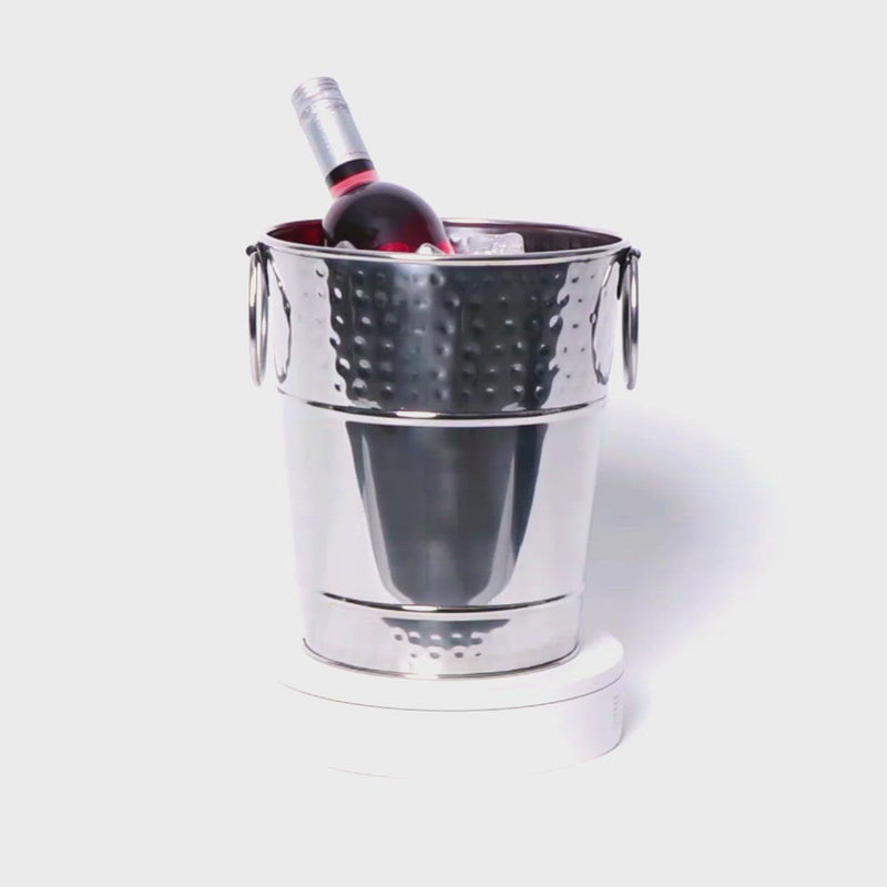Wine chiller ice bucket with hammered exterior, made of premium stainless steel metal.  Holds 1 or 2 bottles of wine or 1 bottle of champagne.