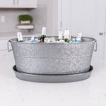 metal serving tray pairs with party drink tub to prevent spills and splashes, protecting tabletop from condensation.  no party tub sweat mess on tables with this metal tray and large beverage tub.