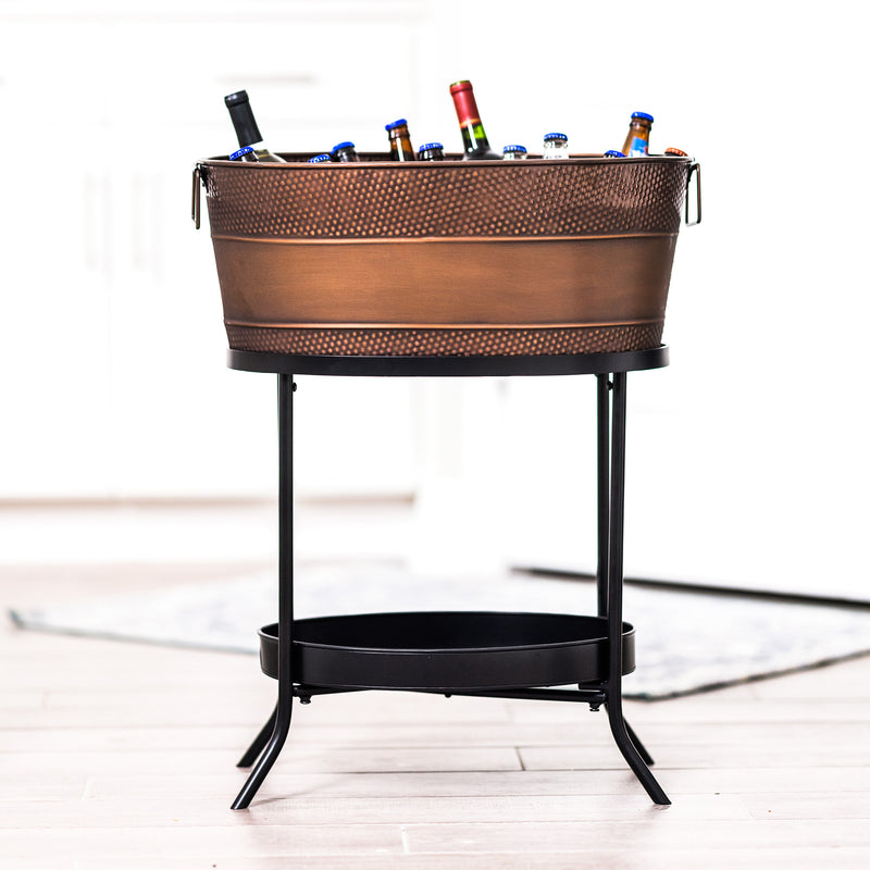 Metal drink tub in antique copper color and hammered walls.  Comes with a black matte iron stand.  Used as a drink cooler to chill wine, beer, and water for parties at home or on the patio.  Large 25 quart 6 gallon size can hold up to 30 12oz bottles and ice.