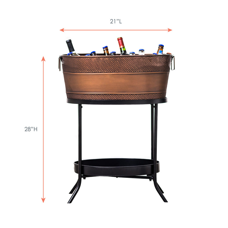 Large metal party tub holds up to 30 12oz bottles.  Tub size if 21 inches long.  The party tub with stand is 28 inches high, freeing up table space and bringing drinks up to a convenient easy to grab height.