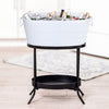 Large drink cooler in white with metal black stand.  This standing cooler is for chilling drinks and ice at parties.  Great for the holidays when entertaining.