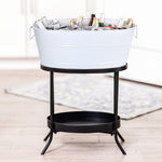 Large drink cooler in white with metal black stand.  This standing cooler is for chilling drinks and ice at parties.  Great for the holidays when entertaining.