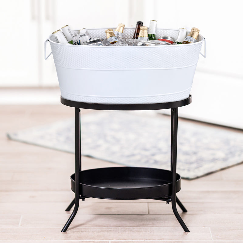 Large drink cooler in white with metal black stand.  This standing cooler is for chilling drinks and ice at parties.  Great for the holidays when entertaining.