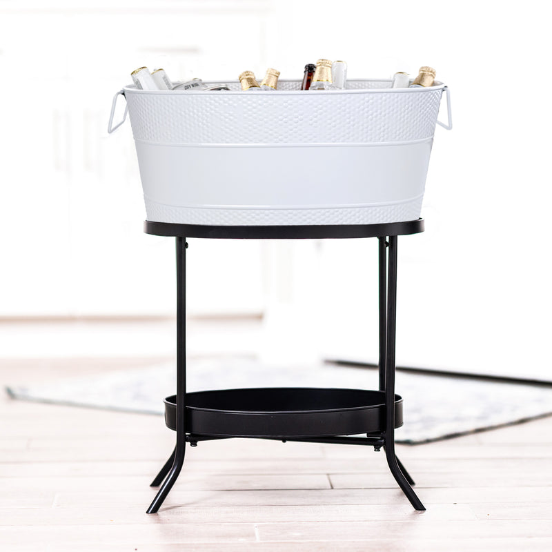 Beverage tub with stand for chilling drinks at a party.  Chill beer, wine, or champagne in this white bucket cooler.