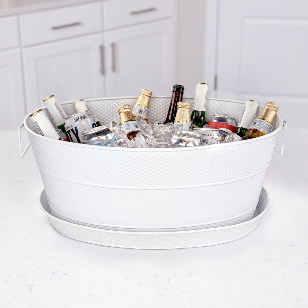 Aspen Metal Beverage Tub with Tray Hammered in White | BREKX
