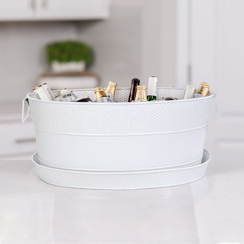 Large beverage tub with tray in white to catch spills and splashes at parties.
