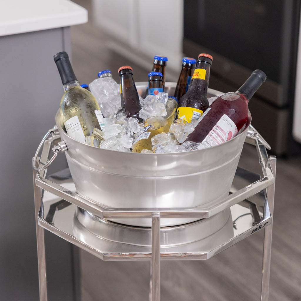 Drink bucket with rolling beverage tub stand.  Made of stainless steel.  The drink bucket is insulated for no leaking, no spills, and little to no condensation.  Perfect for your kitchen, dining room, patio, or bar.  This item is great to use at your at home party or event or give as a gift! - by BREKX