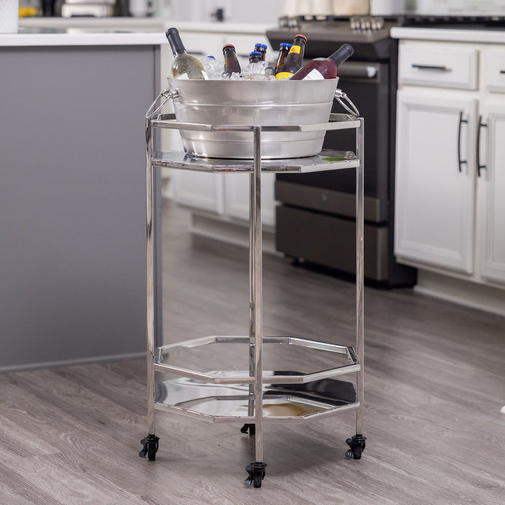 Bar cart & cooler cart, multifunctional with the insulated party tub included.  Made of glossy premium stainless steel to match most indoor and outdoor decor whether in your kitchen, dining room, bar, or patio.  This portable cooler cart is great for wedding, anniversary, birthday, or holiday party with friends and family - by BREKX