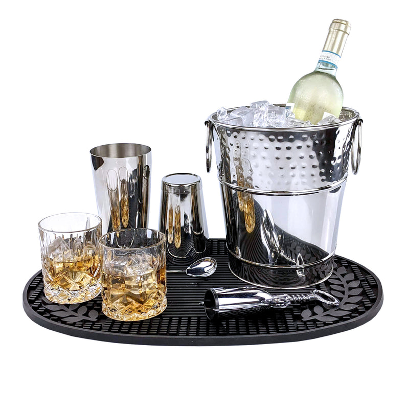 Protective mat for the bar when used under wine buckets and cocktail shakers.  This rubber mat protects your bar top or tabletop from pesky spills and splashes. 