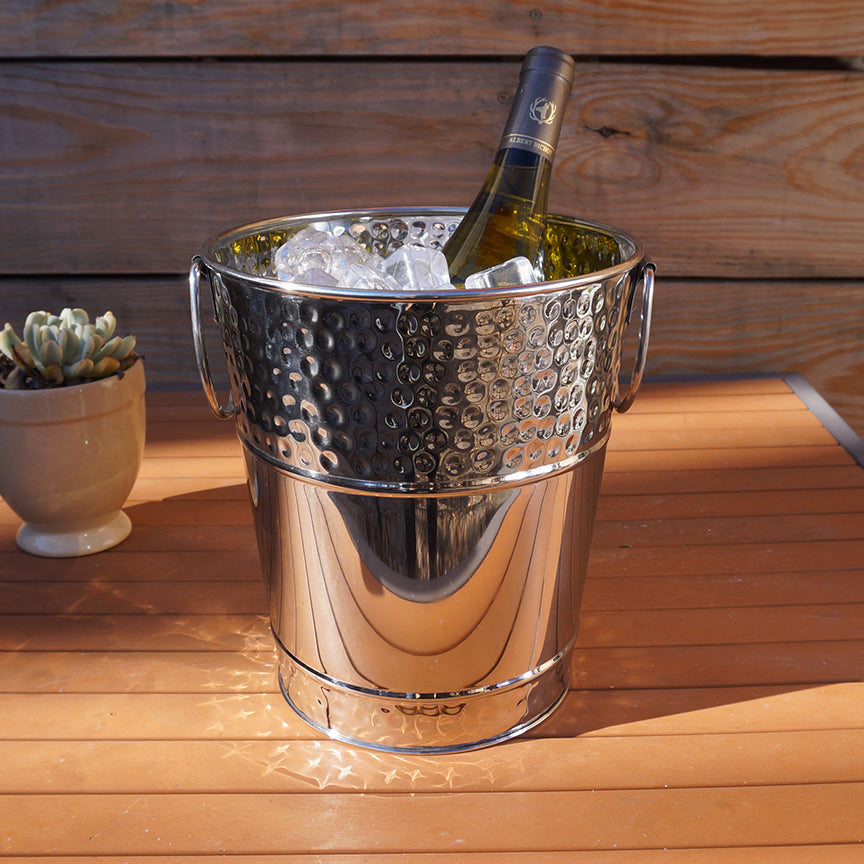 Wine chiller ice bucket for use in your home or on your patio.  Made of premium stainless steel metal with two side handles.